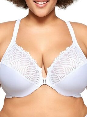 Glamorise 48DD Front Close Underwire Bra White Racerback Lace Full Coverage
